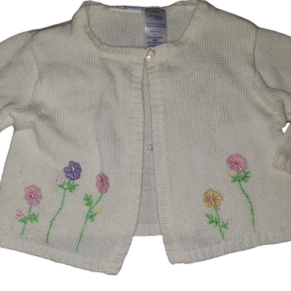 b.t. kids Girls One Button Cardigan Sweater Ivory Flowers Size 12 M GUC - Picture 2 of 5